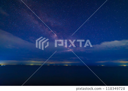 starry night sky over large mountain lake at night 118349728