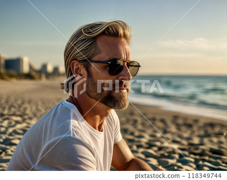 老人在沙灘上看海 118349744