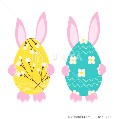 Pink rabbit hiding behind patterned Easter Egg. Set of 2 festive elements Greetings design concept Pink rabbit hiding behind patterned Easter Egg. Set of 2 festive elements Greetings design concept 118349748
