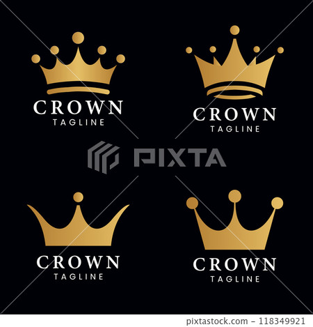 Collection of Royal Elegant Gold Crown Logo and Luxurious Majestic Design on Black Background 118349921