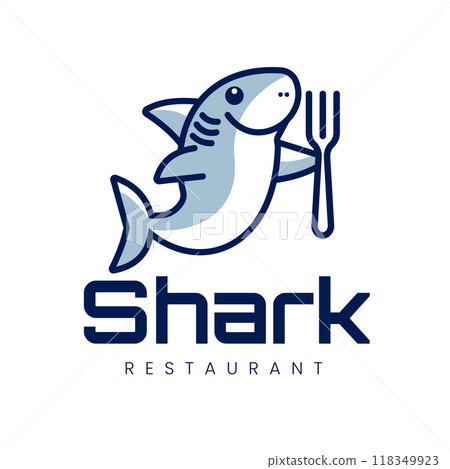 Illustration of a Cute Shark Holding a Fork Logo Design for a Culinary Restaurant Food Illustration of a Cute Shark Holding a Fork Logo Design for a Culinary Restaurant Food 118349923