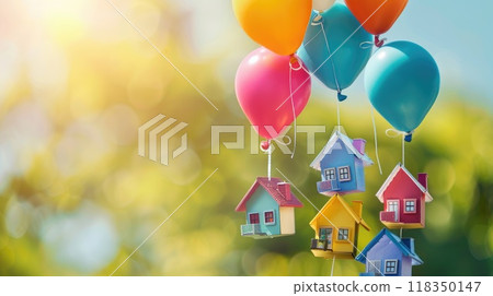 Whimsical Floating House Models Tied to Colorful Balloons with Bright Airy Background - Real Estate Dreams Concept 118350147