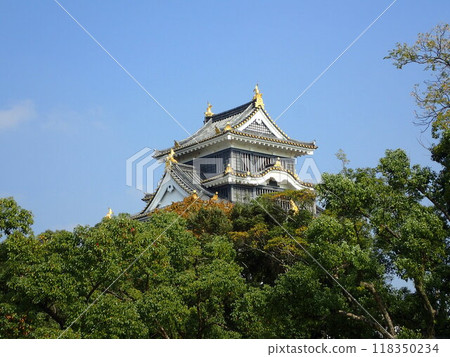 Okayama Castle is a three-story, six-storey scalene pentagonal castle located in Kita-ku, Okayama City, Okayama Prefecture, built by Ukita Hideie, a vassal of Toyotomi Hideyoshi. Okayama Castle is a three-story, six-storey scalene pentagonal castle located in Kita-ku, Okayama City, Okayama Prefecture, built by Ukita Hideie, a vassal of Toyotomi Hideyoshi. 118350234