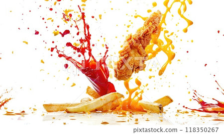 Chicken Finger and French Fry Collision with Ketchup and Mustard Explosion on White Background 118350267