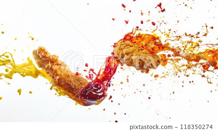 Chicken Finger and French Fry Collision with Ketchup and Mustard Explosion on White Background 118350274