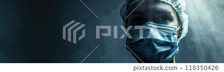 Illuminated Face with Medical Mask Emoji Featuring Fabric Mask on Dark Background 118350426