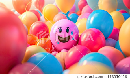 Vibrant Balloon Sculpture: Face with Tears of Joy Emoji Emotionally Unleashed with Deflating Balloon 118350428
