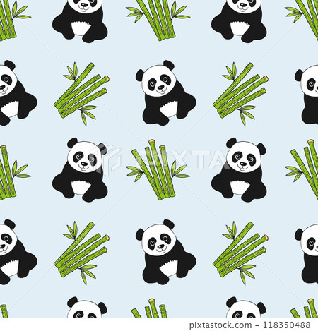 Panda and bamboo pattern on blue background 118350488
