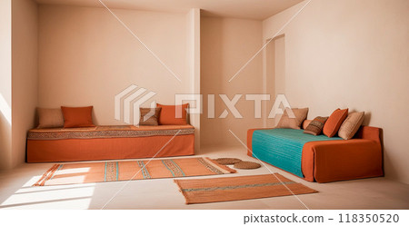 Serene and laconic ethnic interior, generated by AI, in minimalist style, clean lines, simplicity and negative space, harmonious combination of beige, terracotta and turquoise shades with subtle 118350520