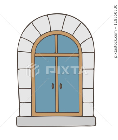 Venetian style door in blue, vintage hand drawn doodle, antique door with stonework isolated on white background. Venetian style door in blue, vintage hand drawn doodle, antique door with stonework isolated on white background. 118350530
