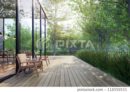 Modern contemporary wooden terrace surrounded by nature 3d render, Modern contemporary wooden terrace surrounded by nature 3d render, 118350531
