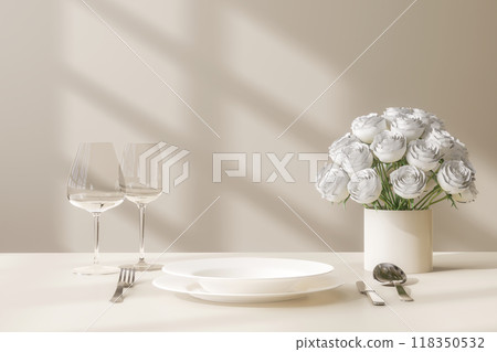 Close up view of minimal style dining table with empty area for copy space 3d render 118350532