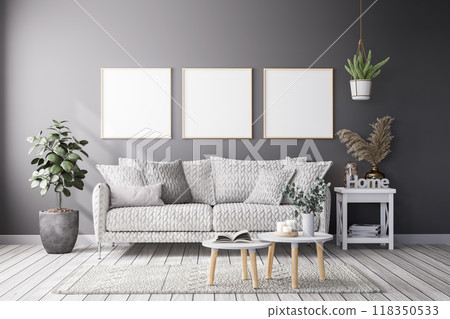 Modern vintage style gray wall living room with blank picture frame for copy space 3d render 118350533