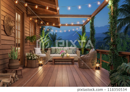 Relaxing night scene balcony of a wooden house with mountain 3d render 118350534