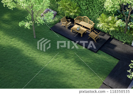 Aerial view of modern luxury black stone terrace with empty green lawn for copy space 3d render 118350535
