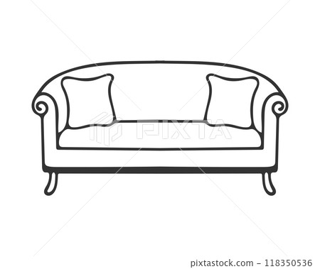 Venetian sofa contour drawing with pillows, cozy place for rest and relaxation, element of home interior, isolated on white background.Hand drawn contour doodle drawing. 118350536