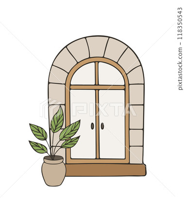 Venetian style door vintage and plant in pot, doodle drawing, antique door, isolated on white background. 118350543