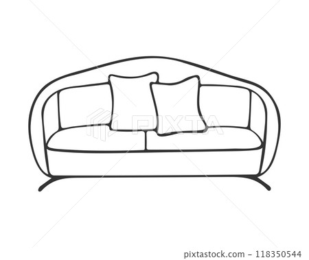 Modern sofa contour drawing with pillows, cozy place for rest and relaxation, element of home interior, isolated on white background.Hand drawn contour doodle drawing. Modern sofa contour drawing with pillows, cozy place for rest and relaxation, element of home interior, isolated on white background.Hand drawn contour doodle drawing. 118350544