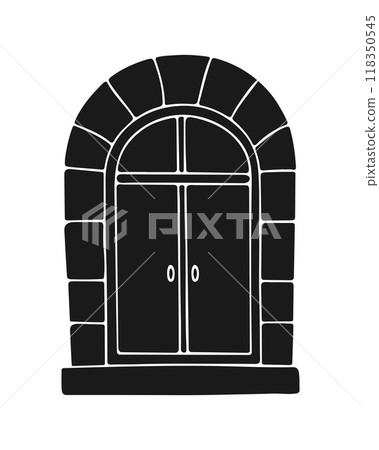 Venetian style door vintage, hand drawn silhouette drawing, antique door, isolated on white background. Venetian style door vintage, hand drawn silhouette drawing, antique door, isolated on white background. 118350545