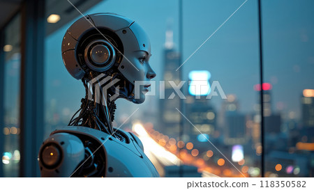 A highly advanced robotic figure with a sleek, futuristic design stands looking out of a window A highly advanced robotic figure with a sleek, futuristic design stands looking out of a window 118350582