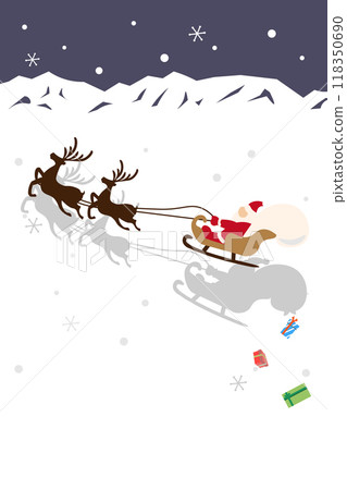 Illustration of Santa Claus sledding down a snowy mountain and his shadow dropping presents 118350690