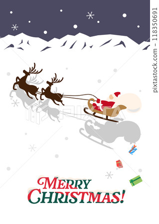 Illustration of Santa Claus riding a sleigh down a snowy mountain and his shadow dropping presents 118350691