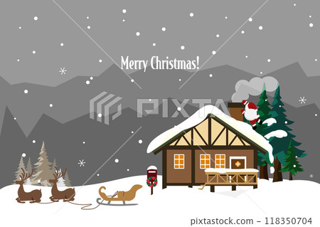 Illustration of reindeer waiting outside the house and Santa climbing the chimney 118350704