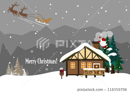 Illustration of Santa Claus by the chimney being left behind by reindeer 118350706