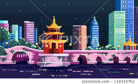 Pixel Art Night Cityscape with Asian Pagoda and Skyscrapers 118350762