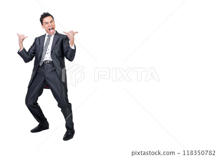 Crazy entrepreneur showing rock and roll gesture Crazy entrepreneur showing rock and roll gesture 118350782