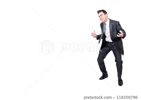 Crazy businessman in suit in studio. White background. Crazy businessman in suit in studio. White background. 118350796
