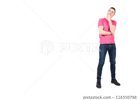 Positive man in casual outfit touching chin and thinking Positive man in casual outfit touching chin and thinking 118350798