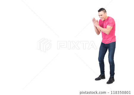 Excited male rubbing hands and looking away Excited male rubbing hands and looking away 118350801