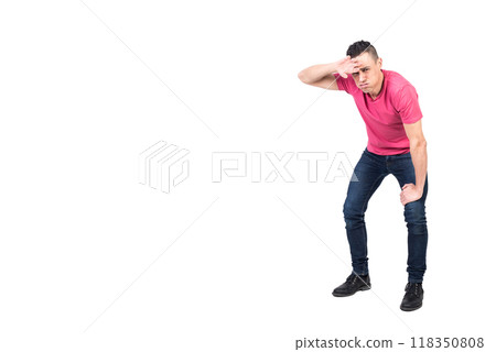 Tired male wiping sweat from forehead. White background Tired male wiping sweat from forehead. White background 118350808
