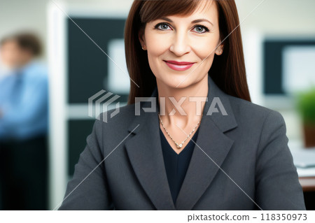 Office worker looking towards camera with determined expression. Determination, productivity, career concept created with generative AI. 118350973