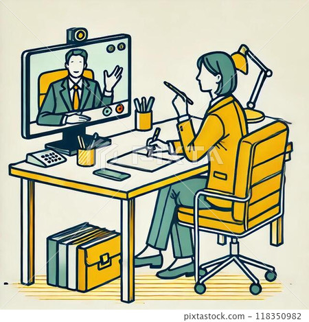 Image illustration of a student taking online classes on a computer at home 118350982