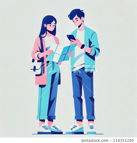 Illustration material of a couple doing research on a smartphone 118351280