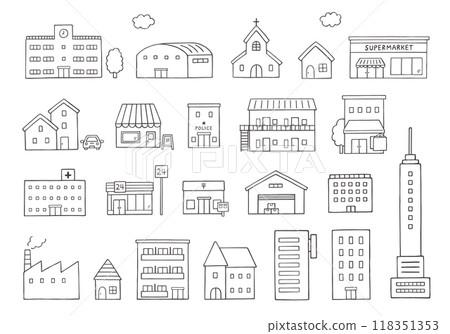 Hand-drawn illustration set of various buildings (monochrome) Hand-drawn illustration set of various buildings (monochrome) 118351353