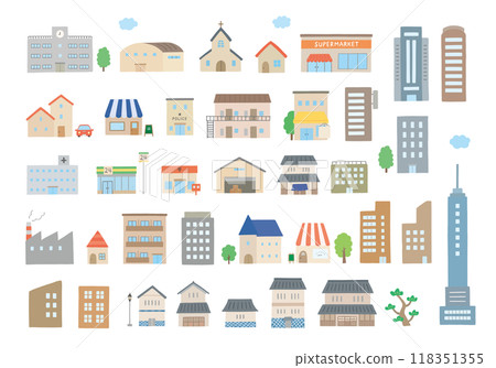 Hand-drawn illustration set of various buildings (color/no main lines) 118351355