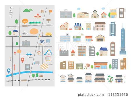 Hand-drawn illustration set of various buildings and maps (color/no main lines) 118351356