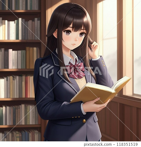 高中女孩在圖書館讀書 118351519