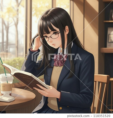 在咖啡館看書的女高中生 118351520