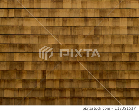 Horizontal background image of a scaly wooden exterior wall with brown grain Horizontal background image of a scaly wooden exterior wall with brown grain 118351537