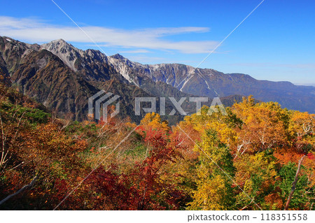 Autumn leaves and the Hakuba Sanzan mountains Autumn leaves and the Hakuba Sanzan mountains 118351558