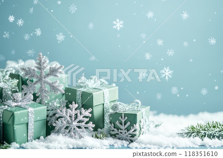 用雪花和薄荷綠禮物著色的冬季仙境：背景材料 118351610