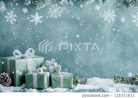 A winter wonderland decorated with snowflakes and mint green gifts: Background material 118351611