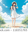 戴草帽的婦女由海灘 118351765