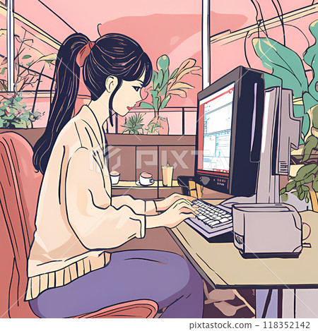 Profile of a woman working on a computer 118352142