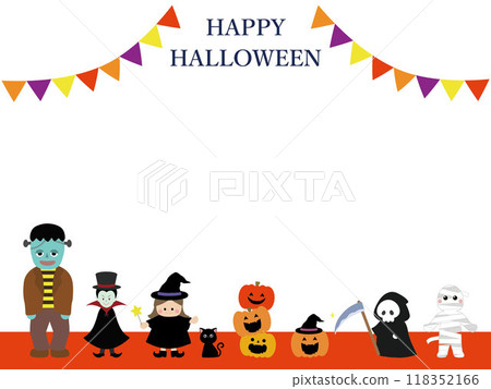 A cute and pop frame of Halloween costumes and garlands 118352166