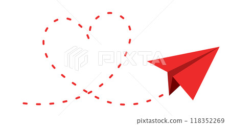 Paper plane red dashed line doodle sketch style drawing. Heart shape Pathway, follow idea. Business or travel design element. Paper aeroplane 118352269